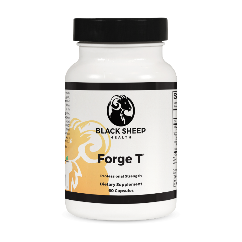 A white plastic bottle of Black Sheep Health Forge T dietary supplement with a black cap, featuring a label with a black ram logo and a gold-toned ram illustration.