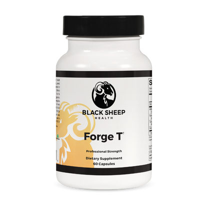 A white plastic bottle of Black Sheep Health Forge T dietary supplement with a black cap, featuring a label with a black ram logo and a gold-toned ram illustration.